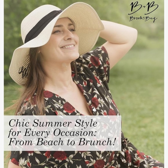 Stylish Cream with Black Accent Decor Band Foldable Embroidered Straw Sun Hat - Picture 5 of 5